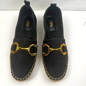 Zara Black Flat Espadrille 7.5/38 Suede Loafers & Jute Gold Buckle
